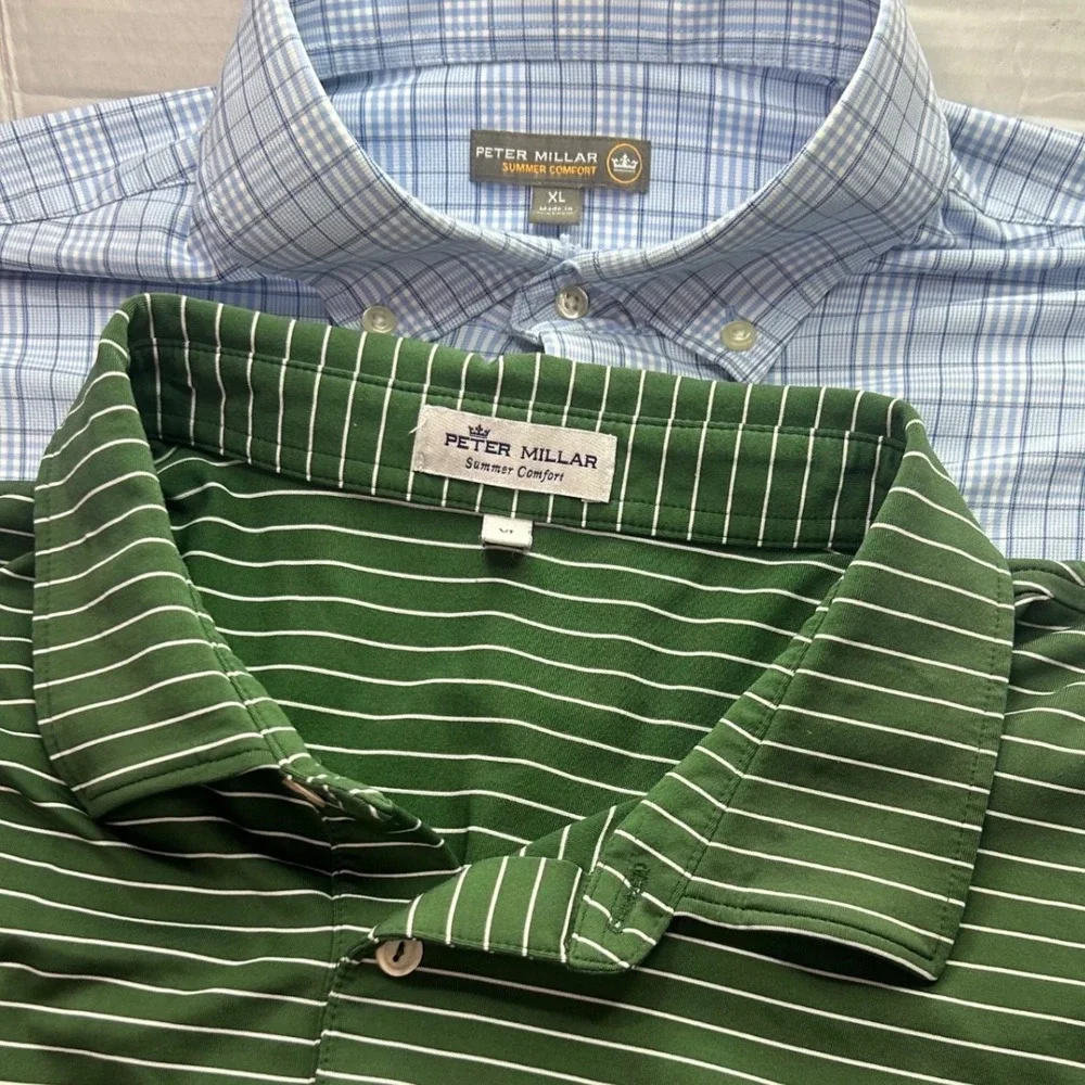 Peter Millar Shirt Lot XL Plaid Button Down & Striped Polo Blue Green Golf Mens